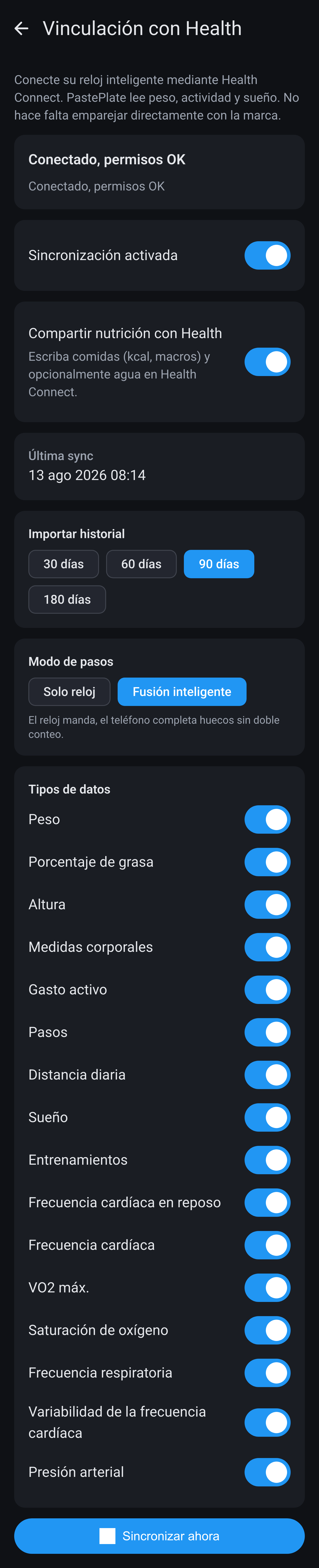 Ajustes Vinculación con Health en Android: sync activada, importar historial, modo de pasos e interruptores por tipo de datos.