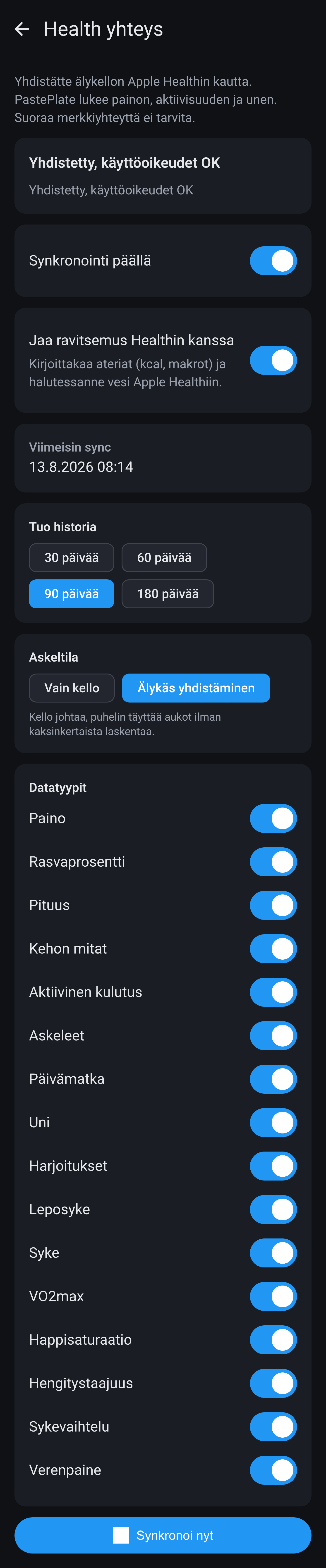 Health yhteus -asetukset iPhonessa: synkronointi päällä, tuo historia, askeltila ja kytkimet datatyypeittäin.