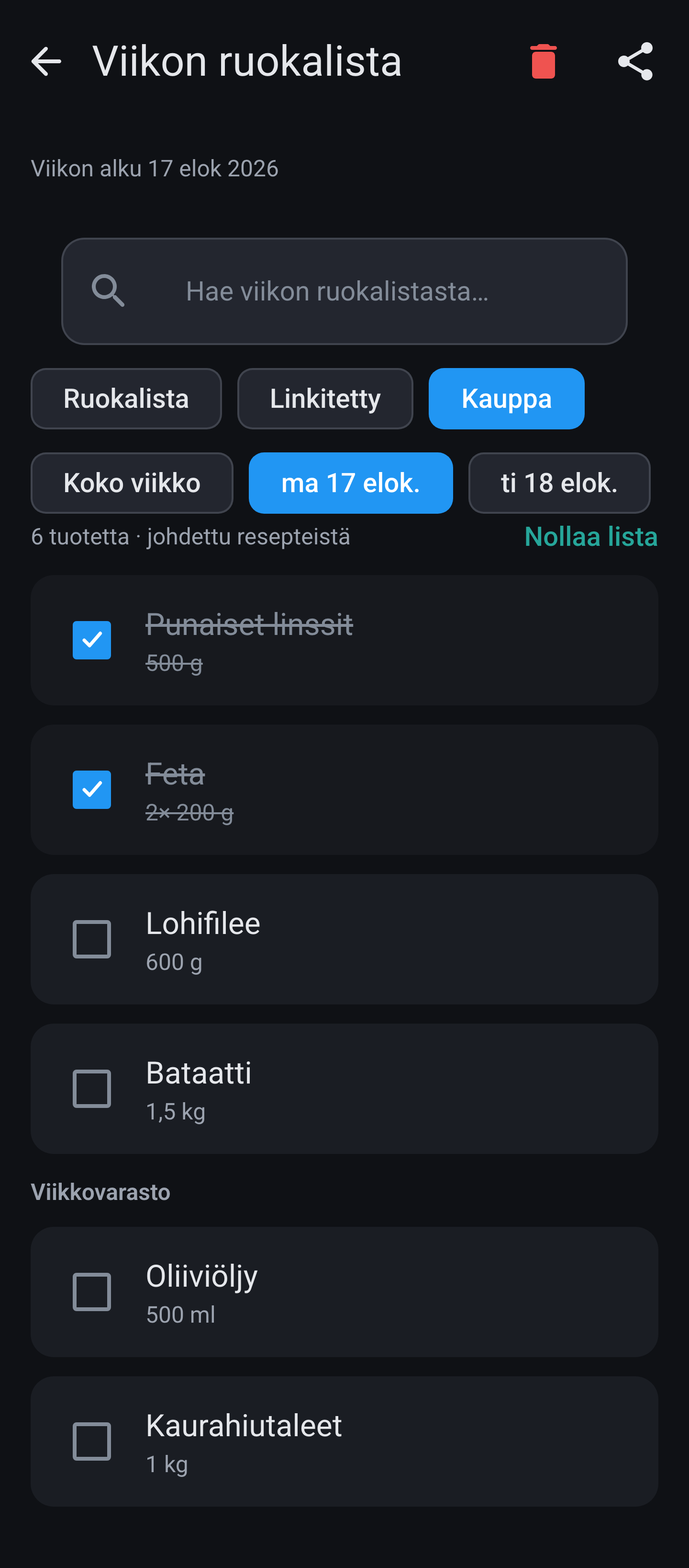Kauppa-välilehti viikon ruokalistassa: ostoslista ruksatuilla tuotteilla, määriä ja viikkovarastoryhmä.