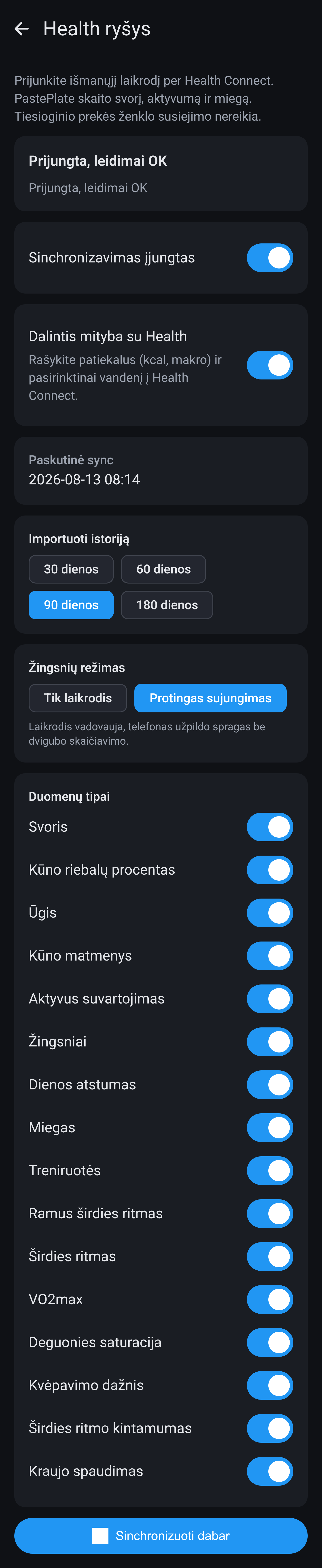Health ryšio nustatymai Android: sinchronizavimas įjungtas, istorijos importas, žingsnių režimas ir duomenų tipų jungikliai.
