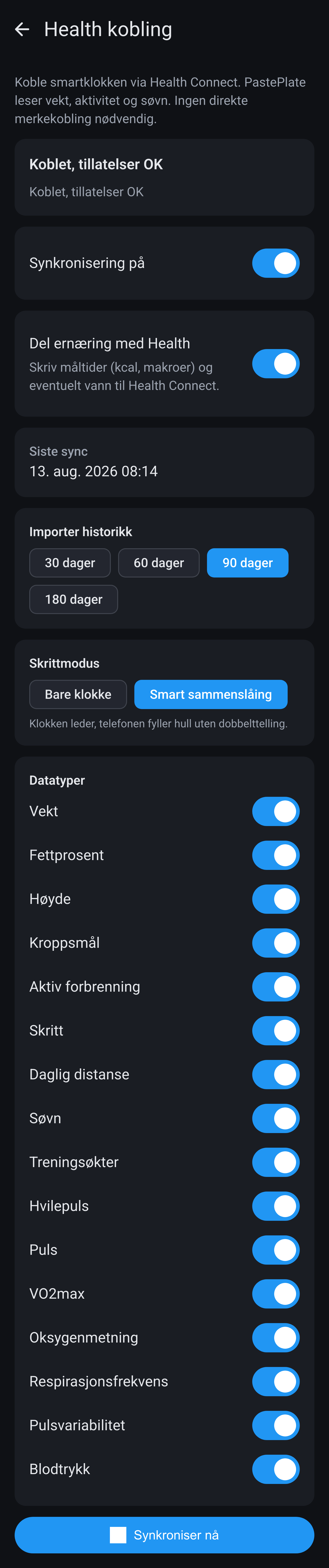 Innstillinger Health kobling på Android: synkronisering på, importer historikk, skrittmodus og brytere per datatype.