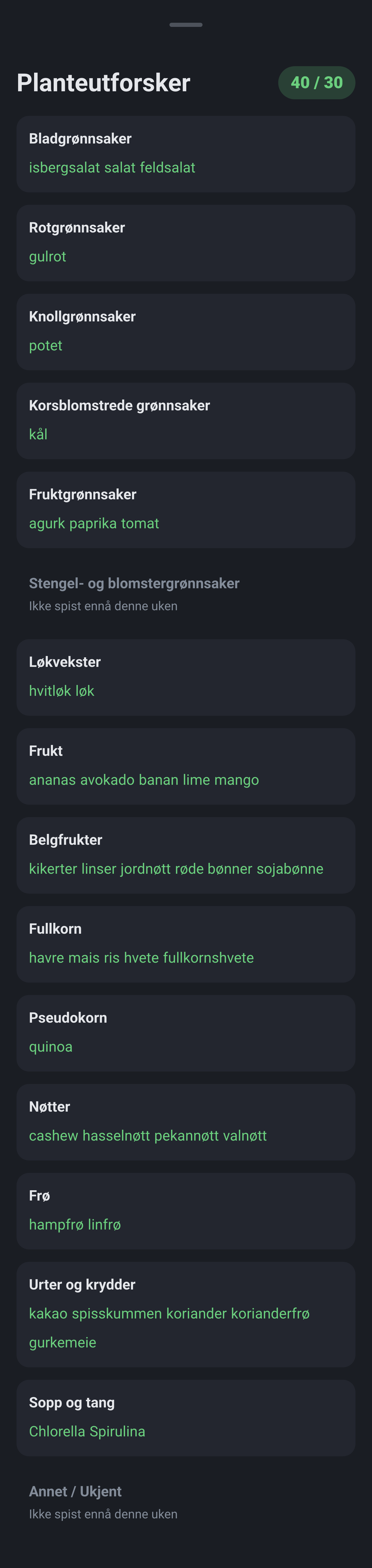 Planteutforsker med 15 kategorier, loggede arter og manglende kategorier.