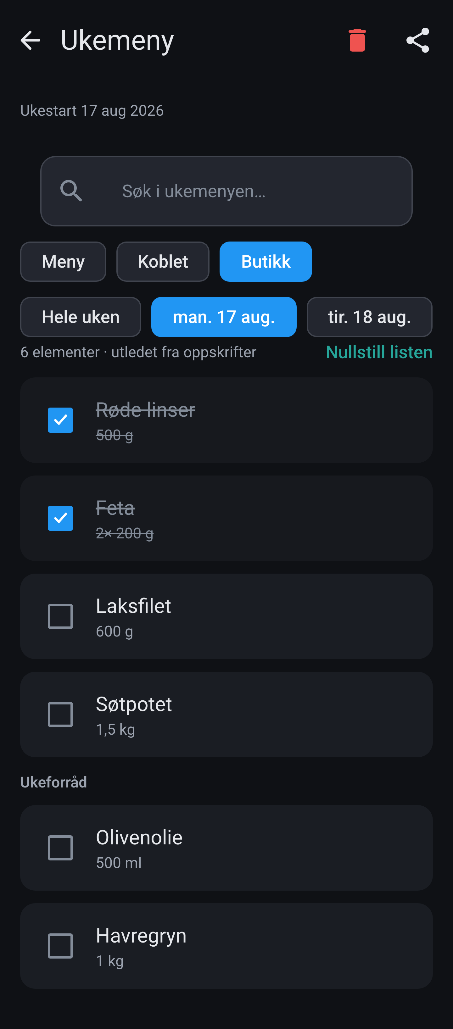 Fanen Butikk i ukemenyen: handleliste med avkryssede varer, mengder og en gruppe for ukevarer.