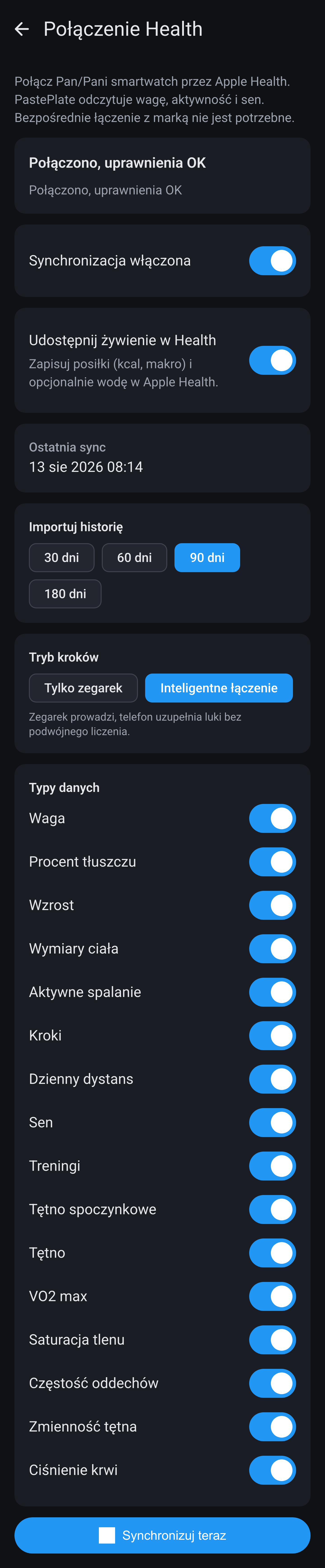 Ustawienia Połączenia Health na iPhonie: synchronizacja włączona, import historii, tryb kroków i przełączniki typów danych.