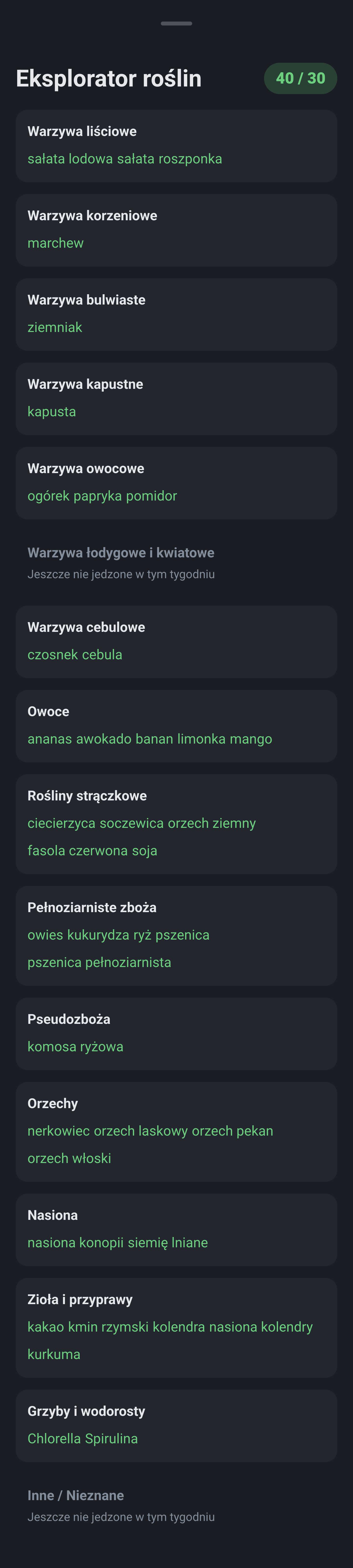 Eksplorator roślin z 15 kategoriami, zalogowanymi gatunkami i brakującymi kategoriami.