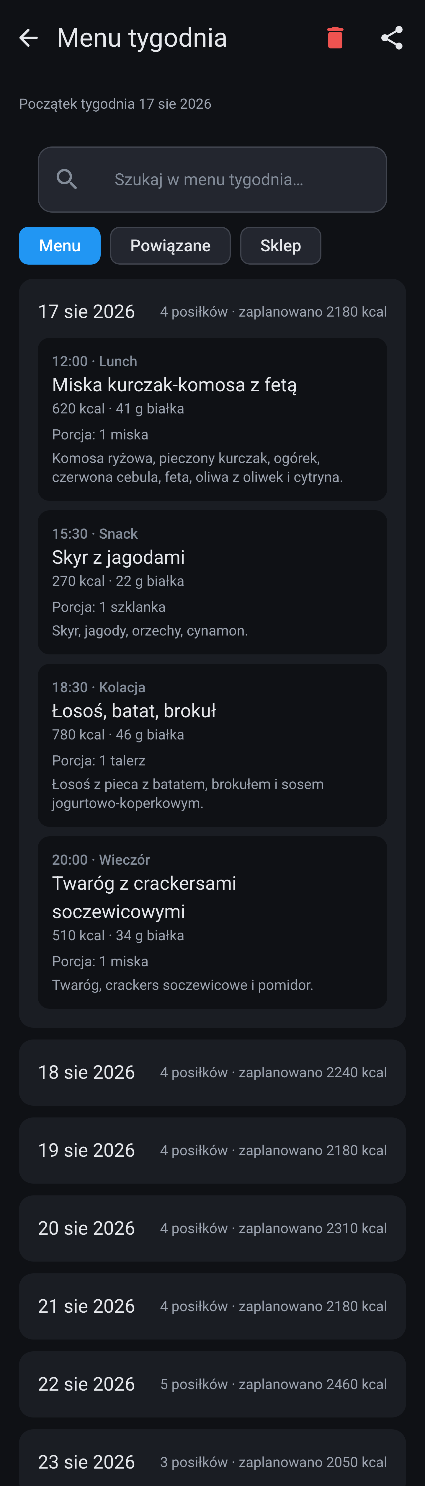 Menu tygodnia na karcie Menu z rozwiniętym pierwszym dniem: lunch, snack, kolacja i wieczór, każdy z kaloriami i białkiem.