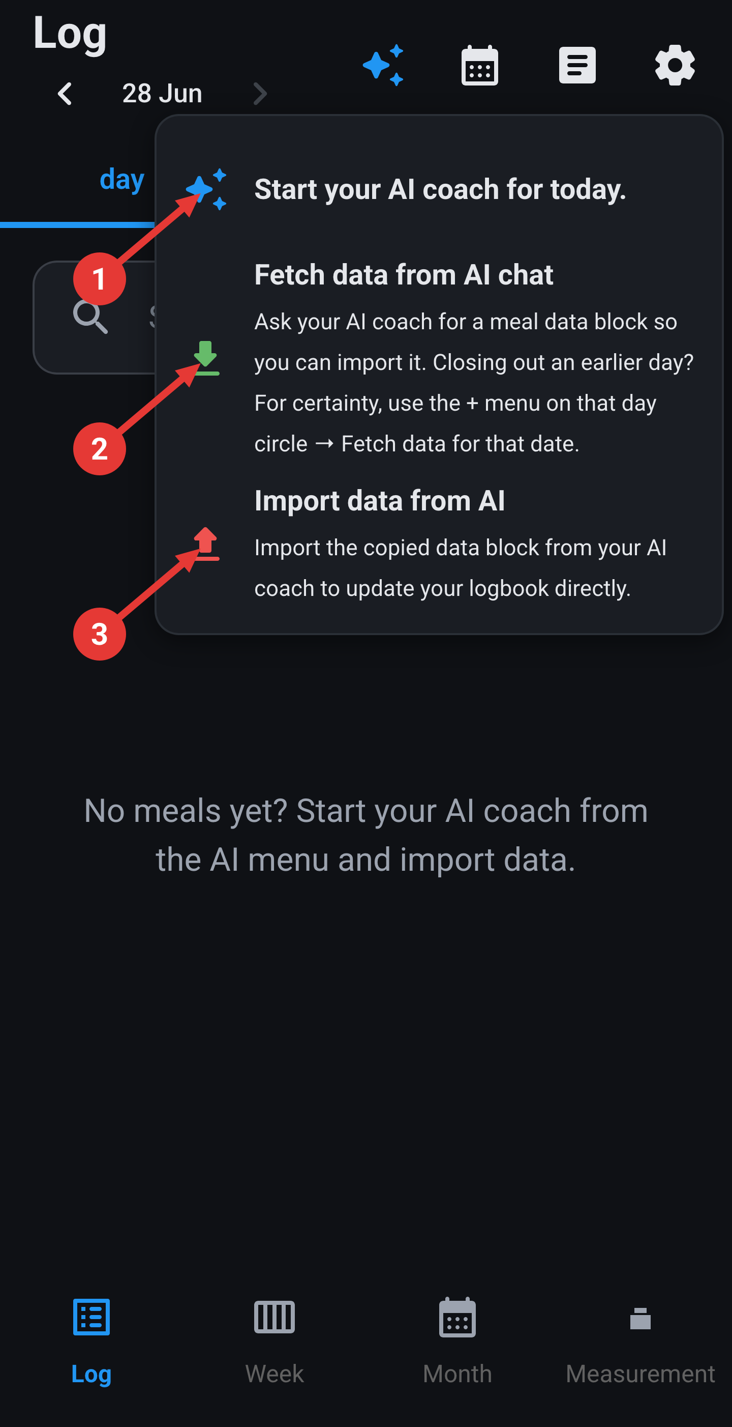 Summary screen in the app: the three AI menu steps that belong to one calendar day.