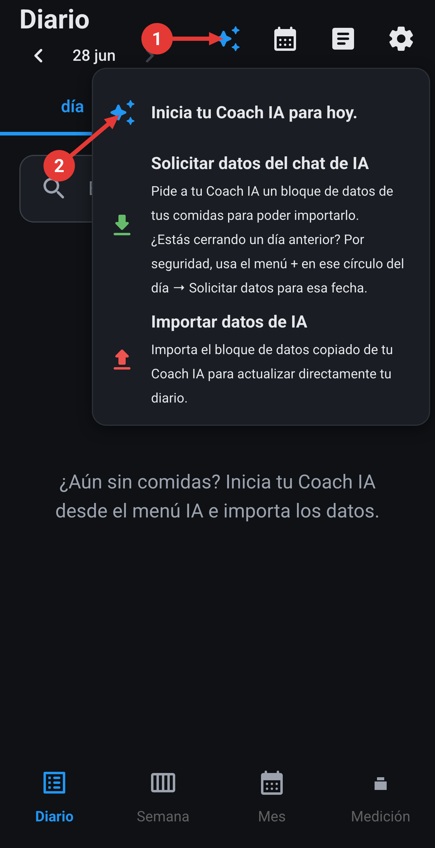 Menú IA: Inicia tu Coach IA para hoy.