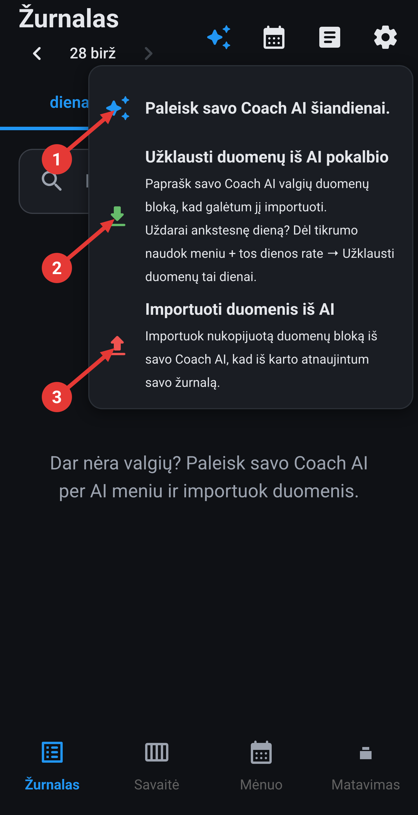 Santraukos ekranas programėlėje: trys AI meniu žingsniai, priklausantys vienai kalendorinei dienai.